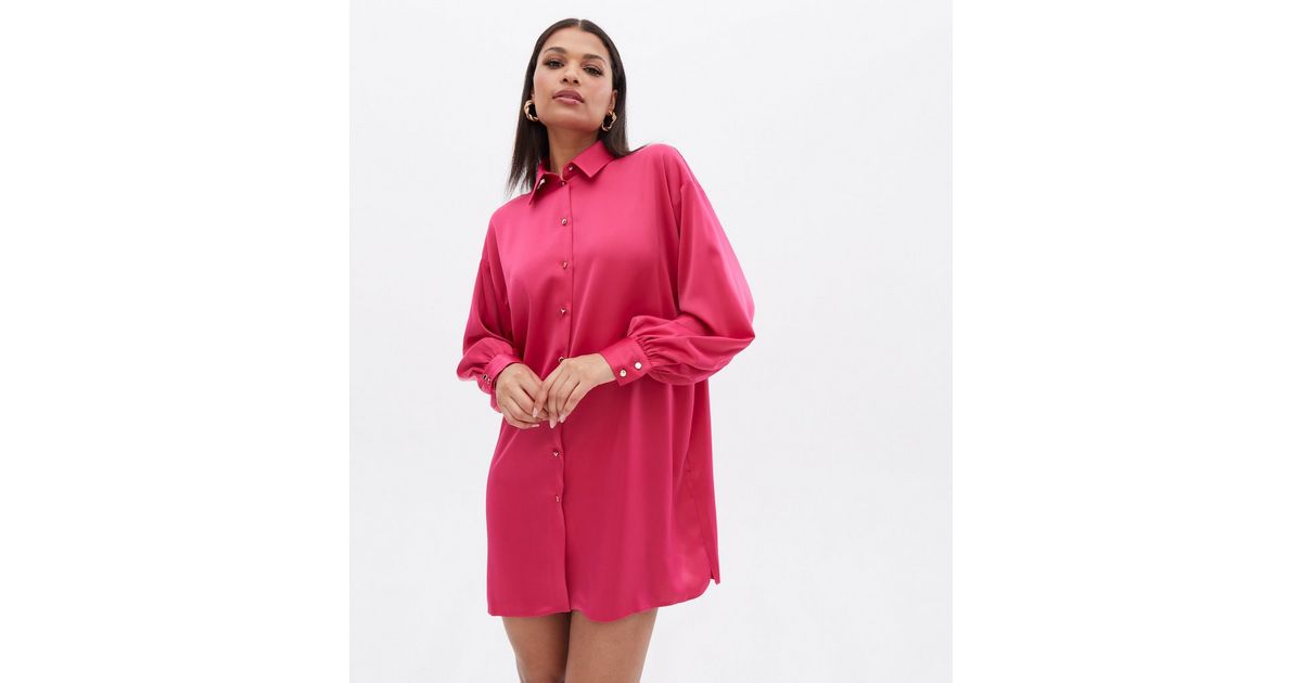 Bright Pink Satin Oversized Mini Shirt Dress New Look