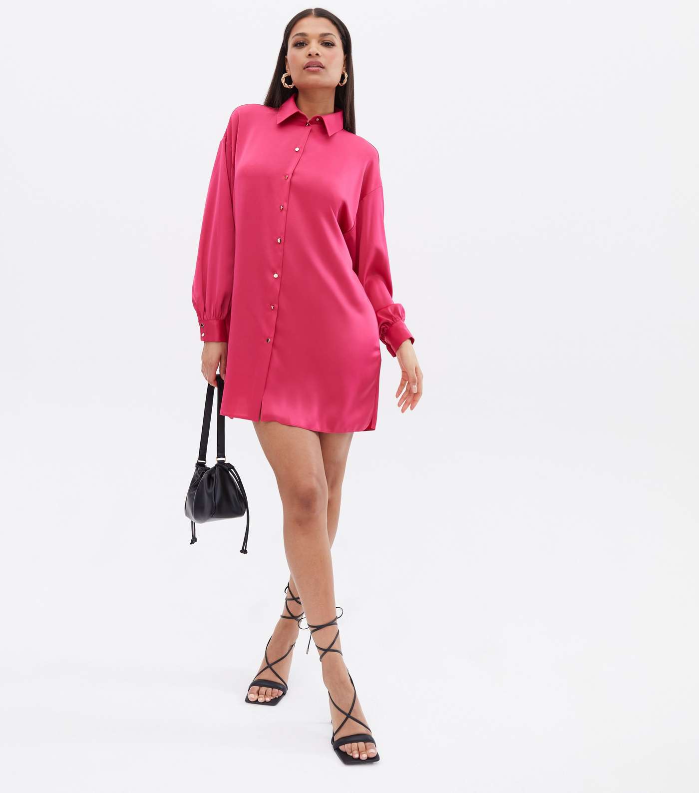 Bright Pink Satin Oversized Mini Shirt Dress Image 2