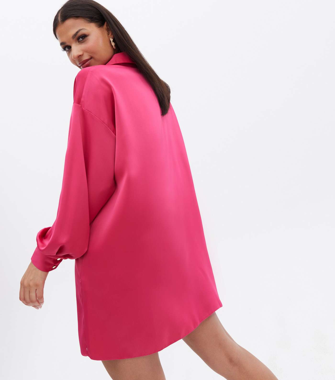 Bright Pink Satin Oversized Mini Shirt Dress Image 4
