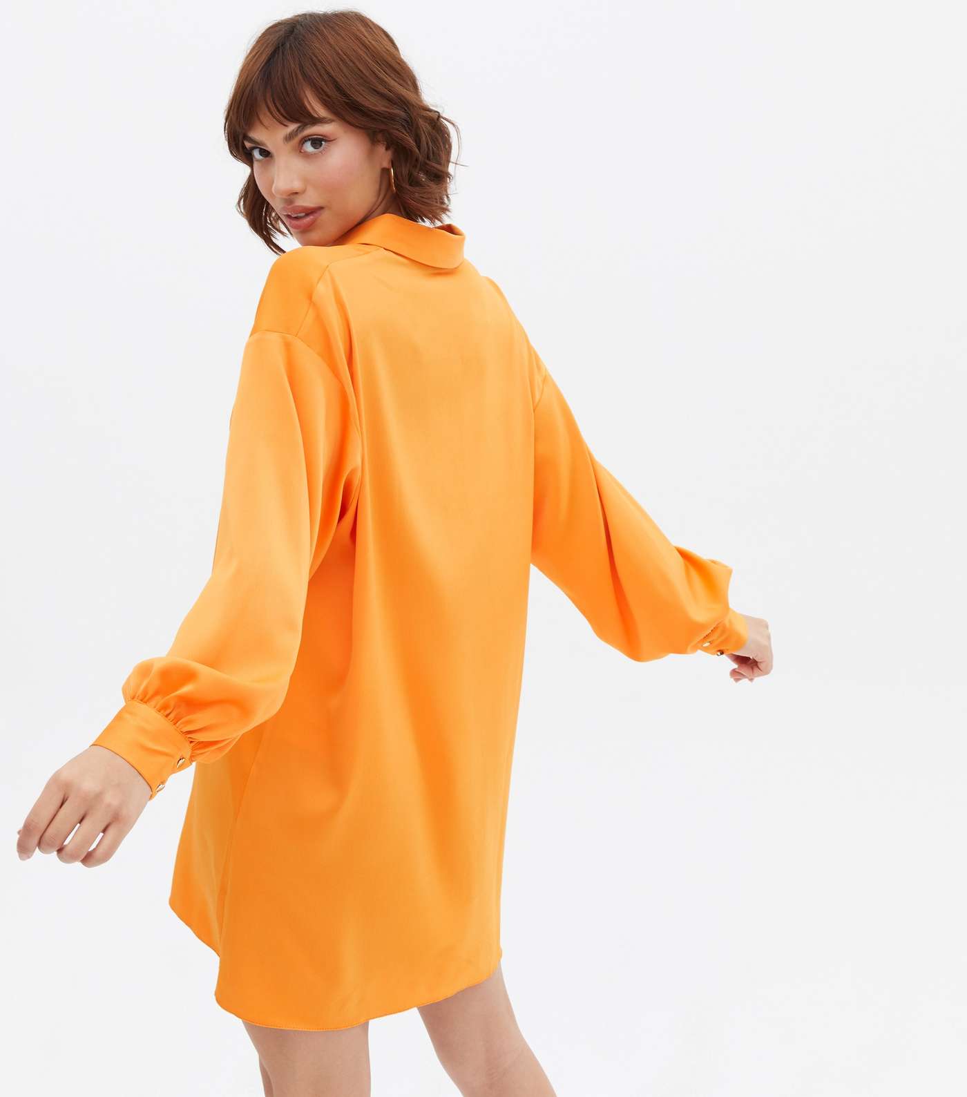 Bright Orange Satin Oversized Mini Shirt Dress Image 4