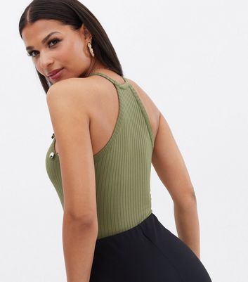 Khaki Ribbed Button Halter Bodysuit New Look