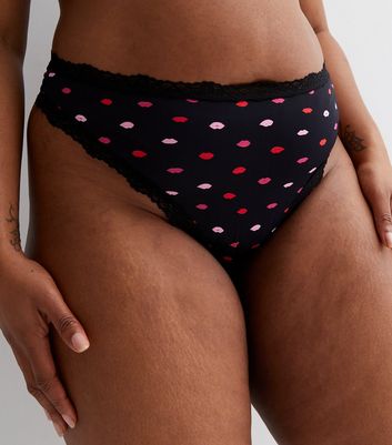 Curves 3 Pack Black Red and Lips Print Lace Trim Thongs