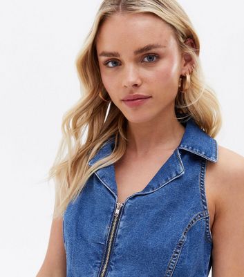 Click to view product details and reviews for Petite Blue Denim Zip Front Collared Crop Top New Look.
