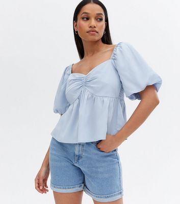 Petite Pale Blue Sweetheart Puff Sleeve Blouse New Look