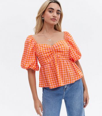 Petite Pink Gingham Puff Sleeve Sweetheart Blouse
