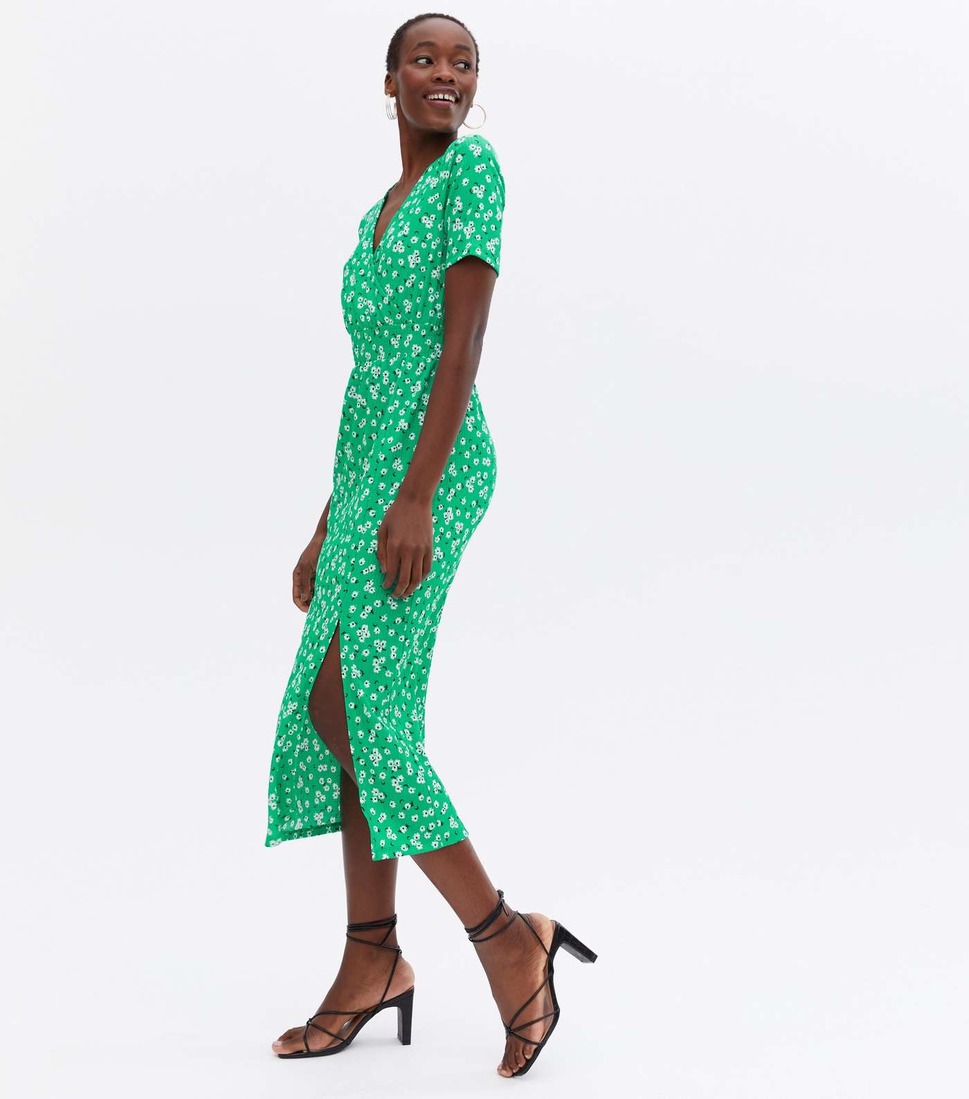 Tall Green Ditsy Floral Shirred Midi Wrap Dress Image 2