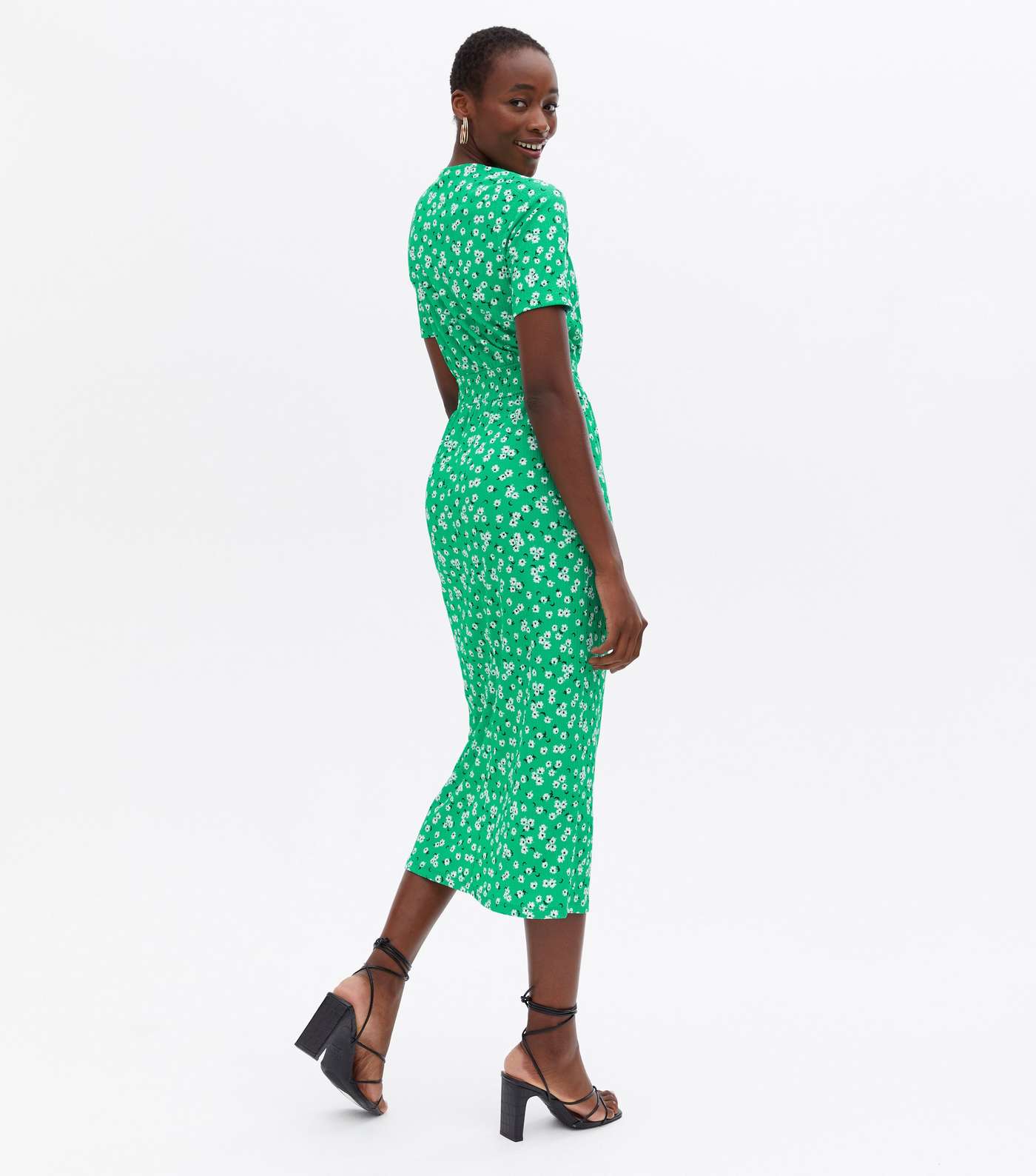 Tall Green Ditsy Floral Shirred Midi Wrap Dress Image 4