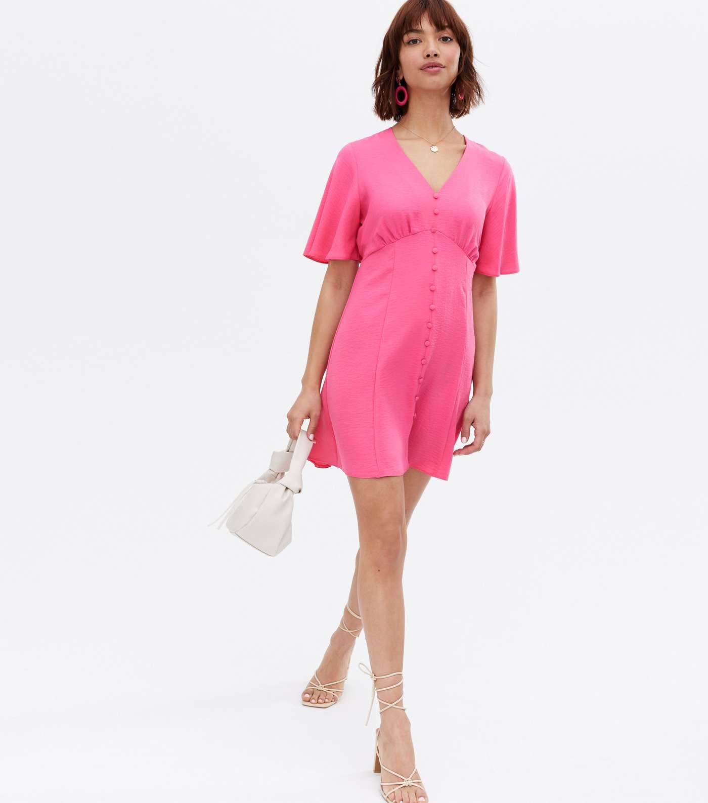 Pink Button Front Flutter Sleeve Mini Dress Image 3
