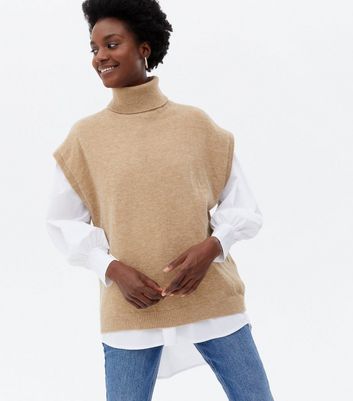 Blue Vanilla Camel Roll Neck Vest 