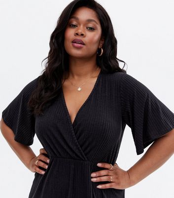 Curves Black Ribbed Mini Wrap Dress New Look