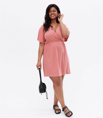 Curves Mid Pink Ribbed Mini Wrap Dress New Look