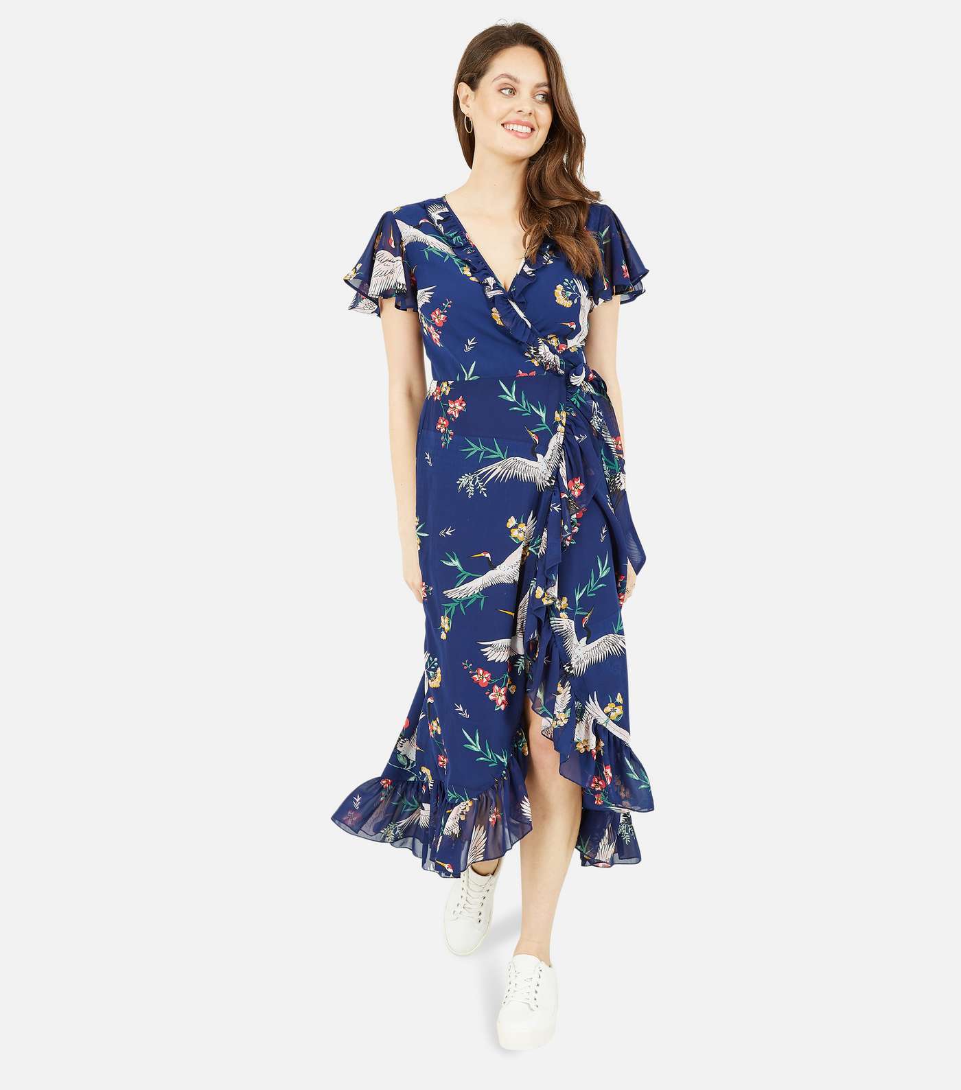 Yumi Navy Floral Bird Frill Midi Wrap Dress
