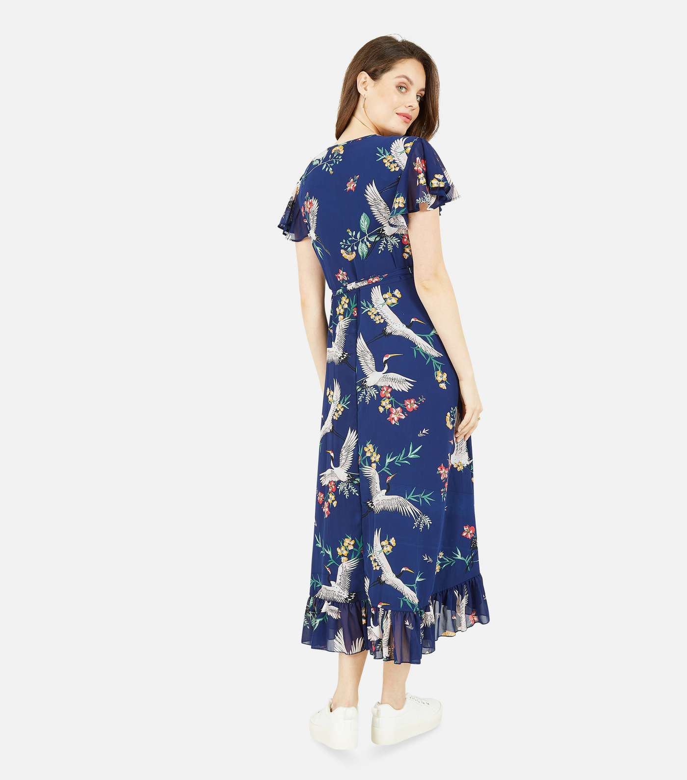 Yumi Navy Floral Bird Frill Midi Wrap Dress Image 3