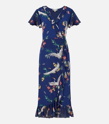 Yumi Navy Floral Bird Frill Midi Wrap Dress New Look