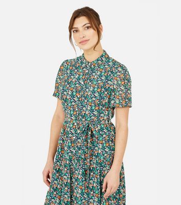 Yumi Green Ditsy Floral Midi Shirt Dress