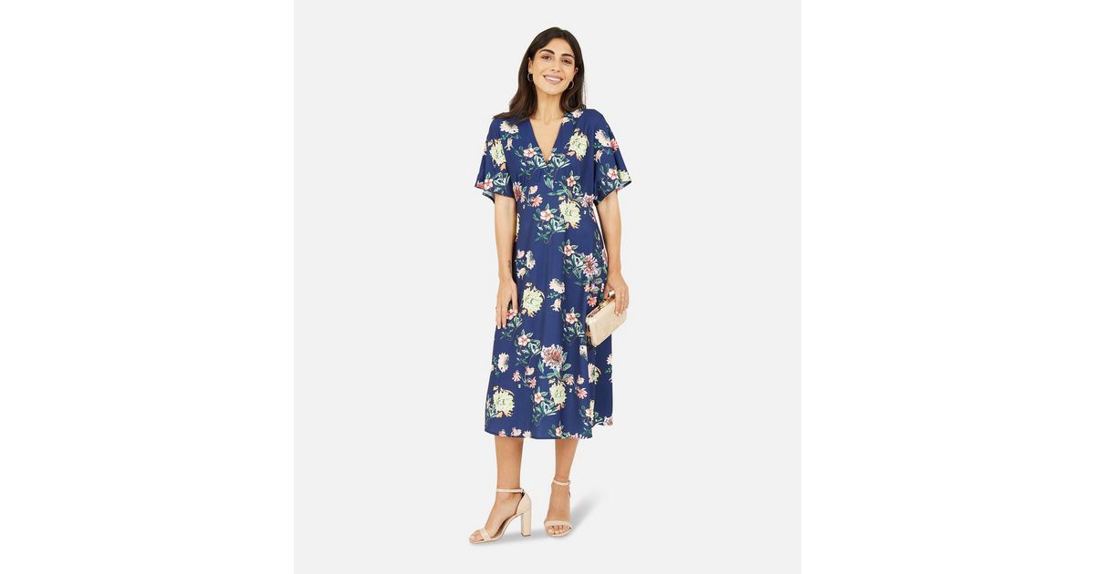 Yumi Navy Floral V Neck Midi Dress | New Look