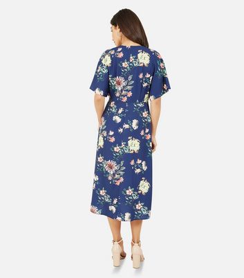 Yumi Navy Floral V Neck Midi Dress 