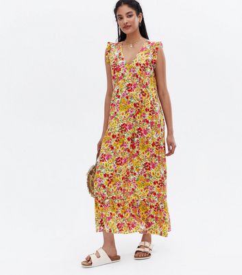 Yellow Floral Frill Sleeveless Midi Smock Dress New Look