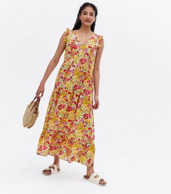 Damen Bekleidung Yellow Floral Frill Sleeveless Midi Smock Dress