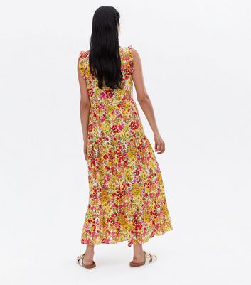 Damen Bekleidung Yellow Floral Frill Sleeveless Midi Smock Dress Damen Bekleidung Yellow Floral Frill Sleeveless Midi Smock Dress