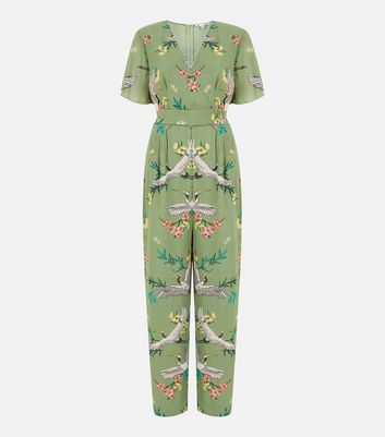 Yumi Green Bird Print Wrap Jumpsuit 
