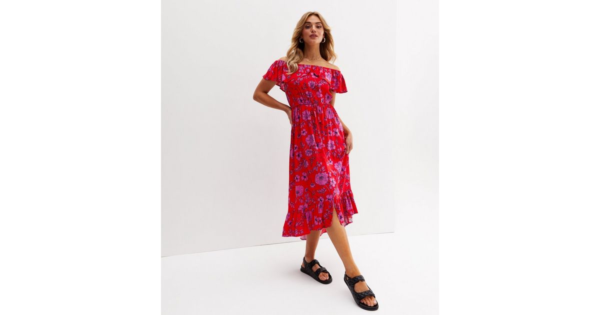 Red Floral Tassel Waist Dip Hem Bardot Maxi Dress New Look