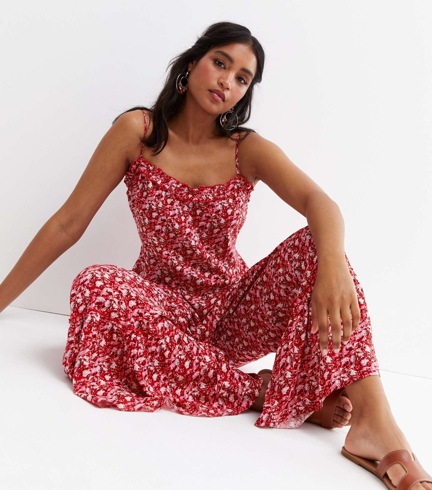 Red Floral Strappy Ruffle Hem Wide Leg Jumpsuit Image 3