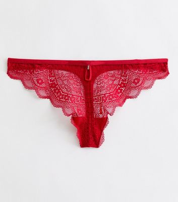 Red Floral Lace Diamante Thong New Look
