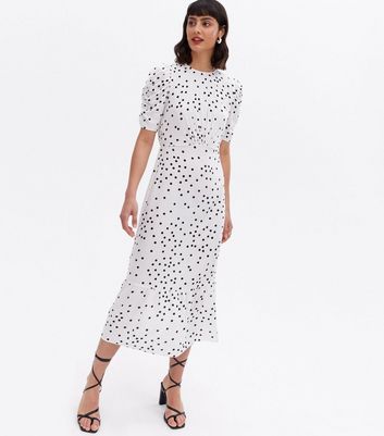 Click to view product details and reviews for White Spot Ruched Sleeve Tiered Midi Dress New Look.