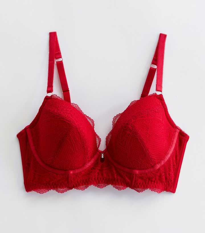 Red DD+ Floral Lace Diamanté Plunge Bra