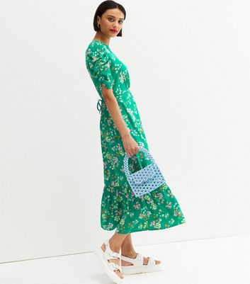 Green Floral Ruched Sleeve Tiered Midi 