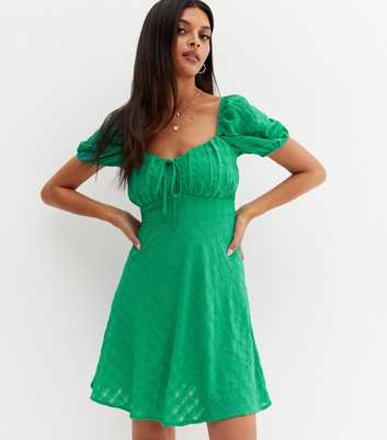 Green Textured Sweetheart Milkmaid Mini Dress