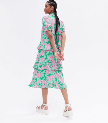 Green Floral Frill Tiered Midi Smock 
