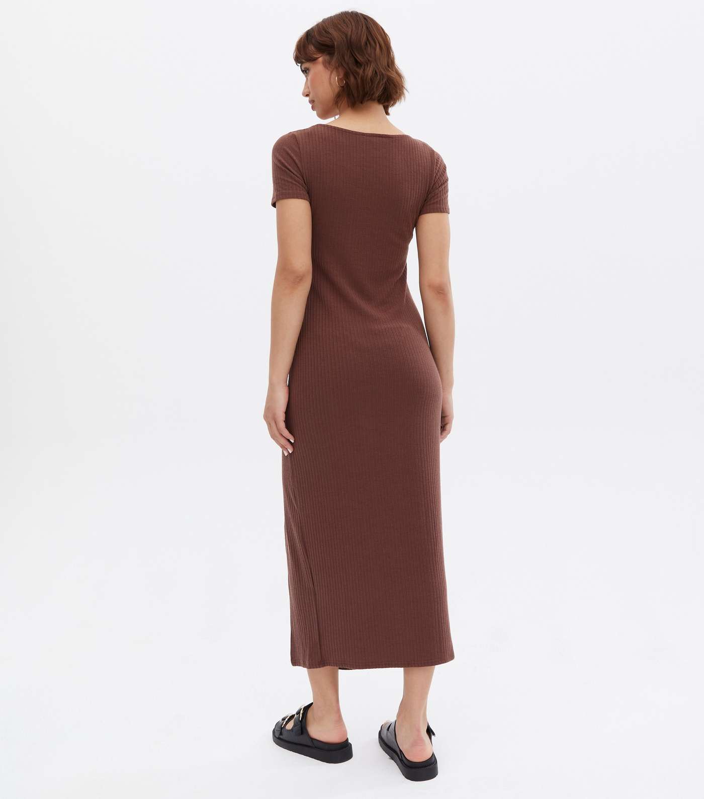 Dark Brown Jersey Scoop Neck Split Midi Dress Image 4