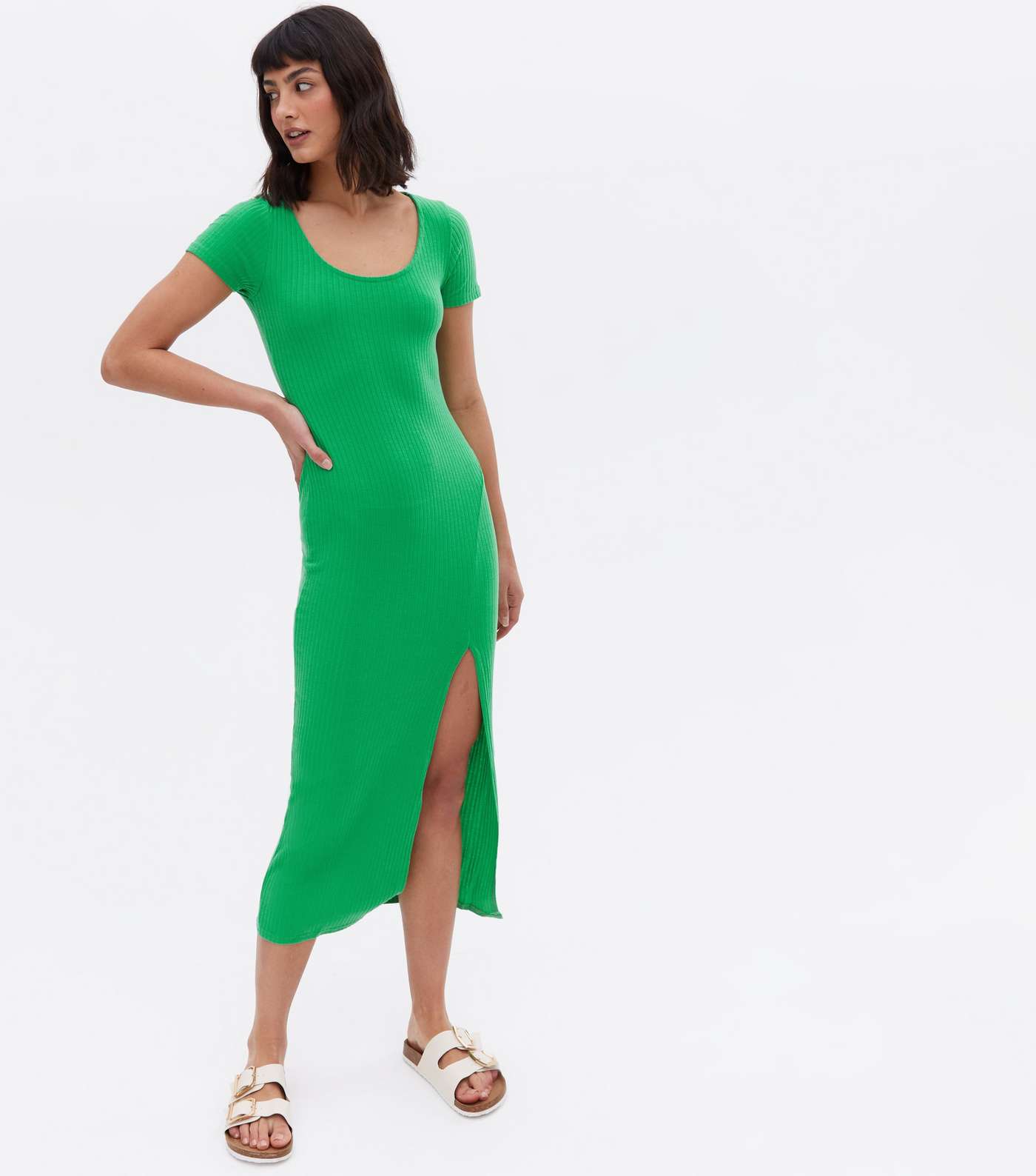 Green Jersey Scoop Neck Split Midi Dress Image 2