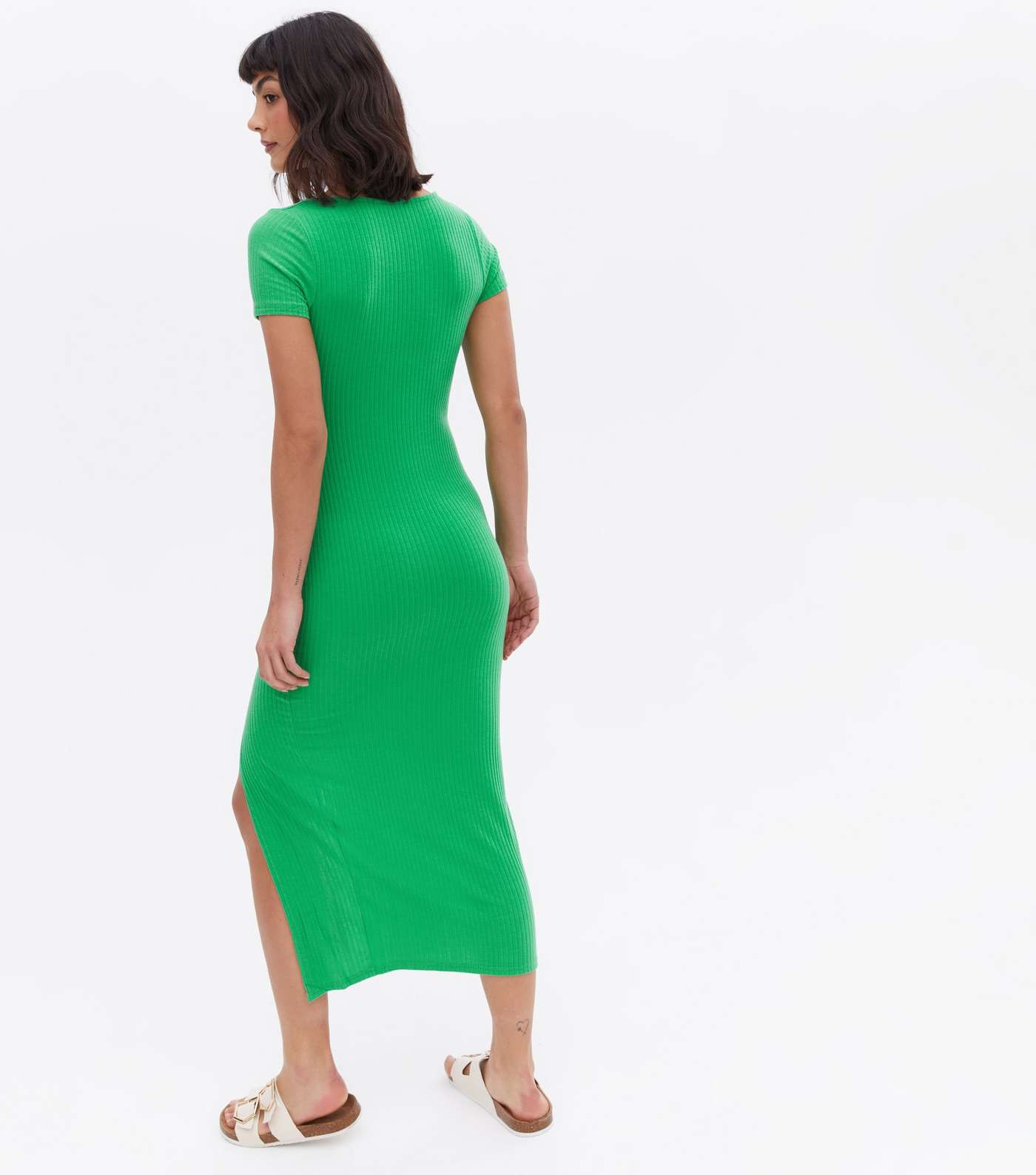 Green Jersey Scoop Neck Split Midi Dress Image 4