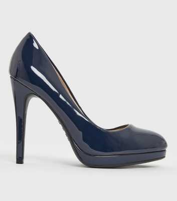 Navy Patent Round Platform Stiletto Heel Court Shoes