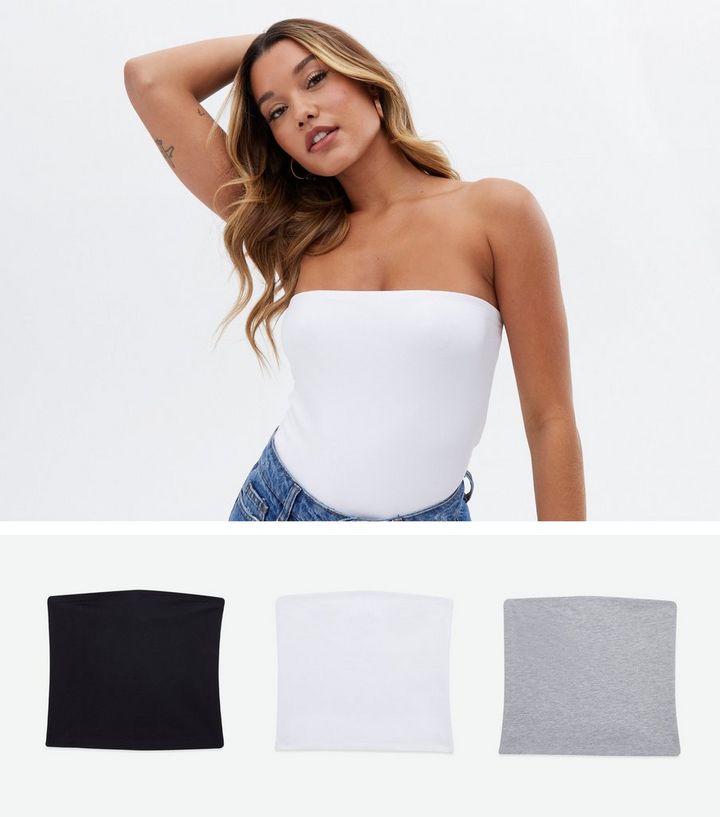 Rodeo Rubí Neuropatía 3 Pack Black Grey and White Jersey Bandeau Tops | New Look
