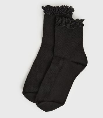 Black Cable Knit Frill Socks | New Look