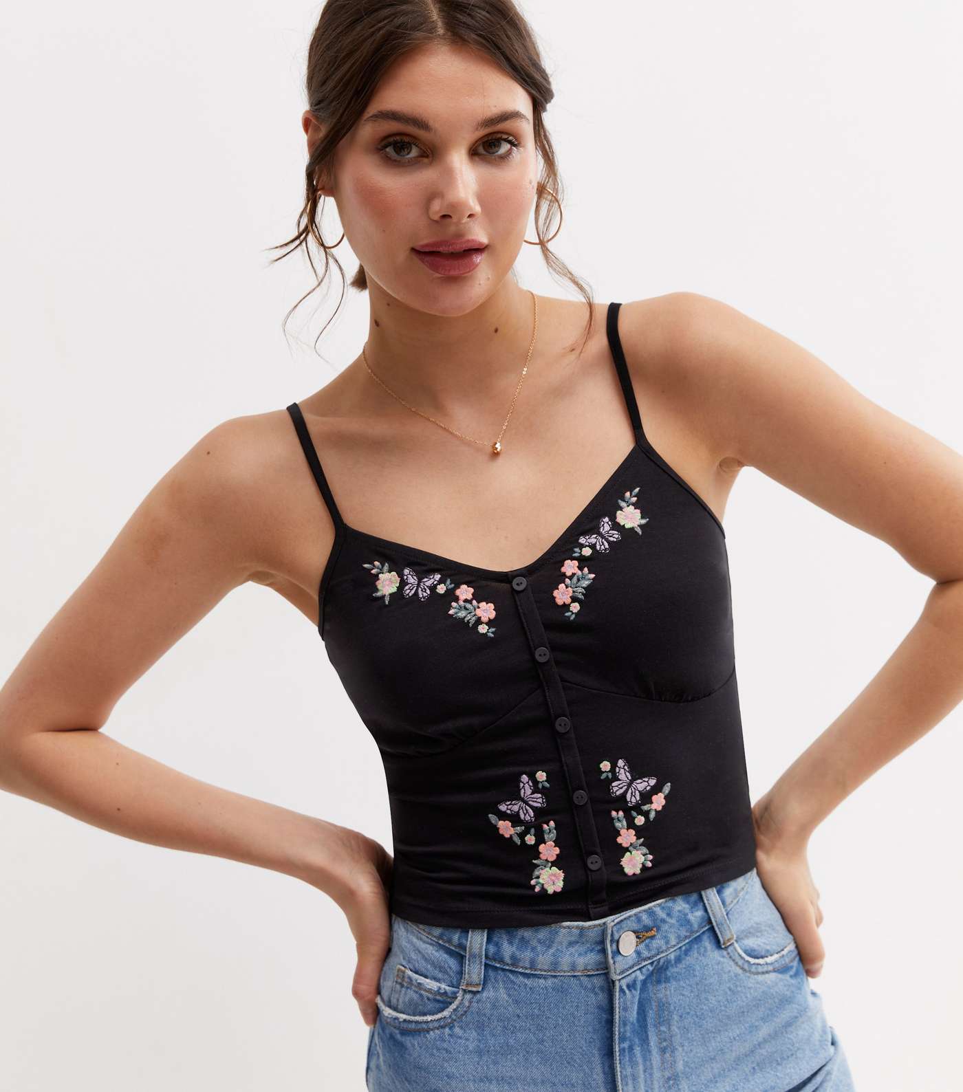Black Butterfly Embroidered Button Front Bralette