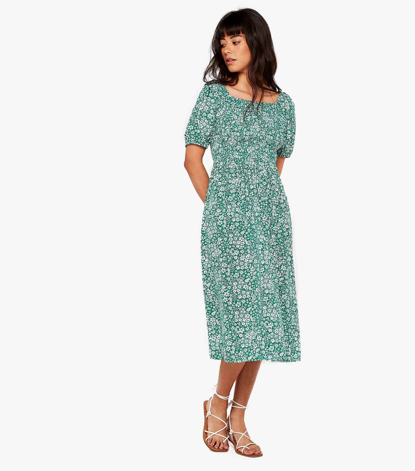 Apricot Green Ditsy Floral Puff Sleeve Midi Dress