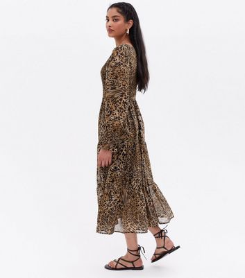 Apricot Brown Leopard Print Shirred Tiered Midi Smock Dress New Look