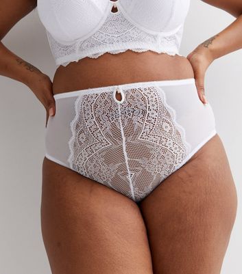 Curves White Floral Lace High Waist Brazilian Briefs New Look