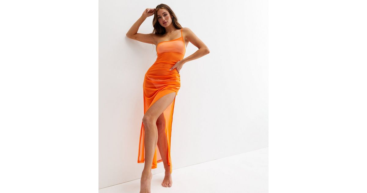 NA-KD Bright Orange Mesh Midi Dress