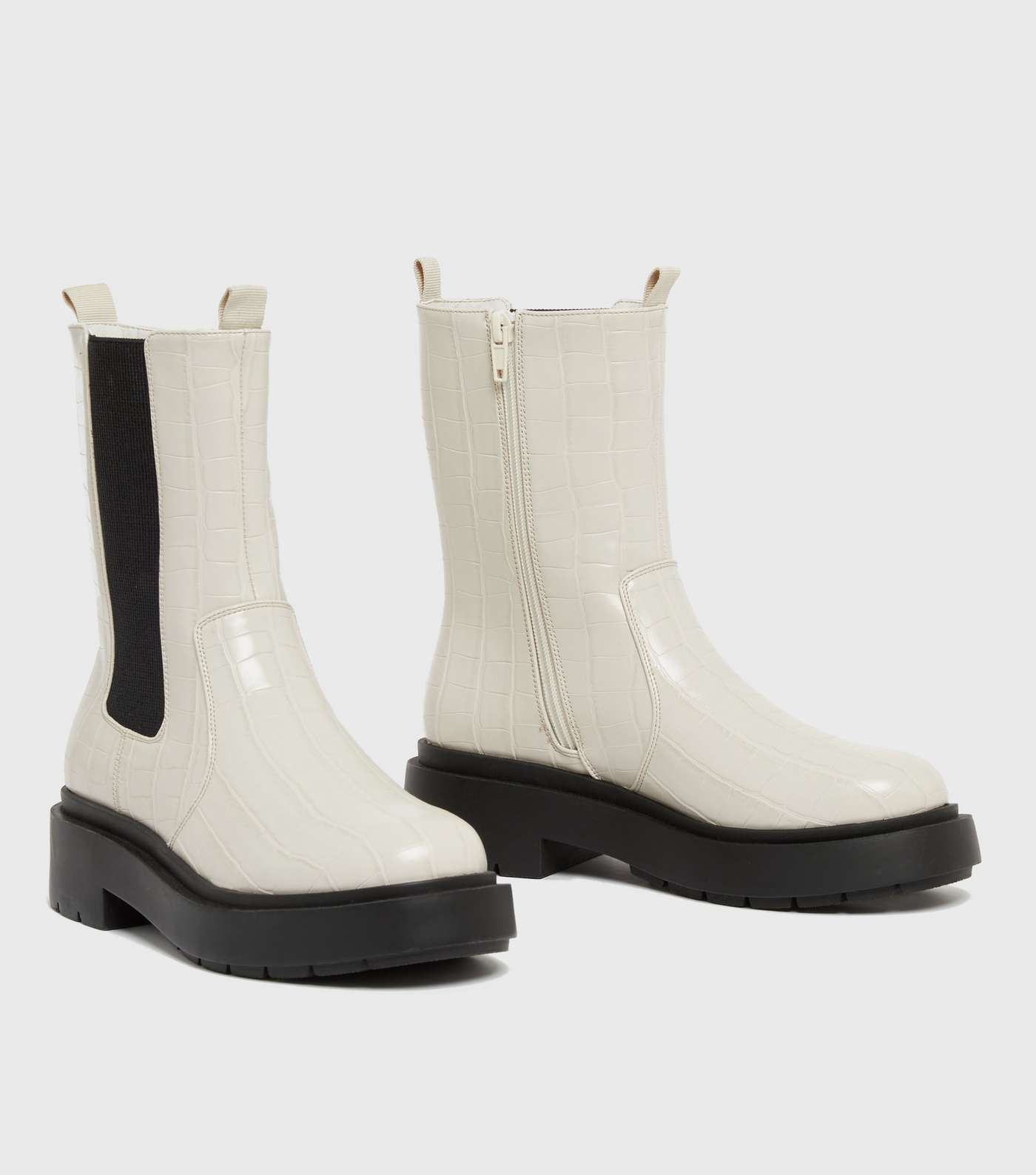 Off White Faux Croc Chunky High Ankle Boots Image 3