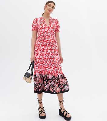 Red Floral Tie Neck Tiered Midi Smock Dress
