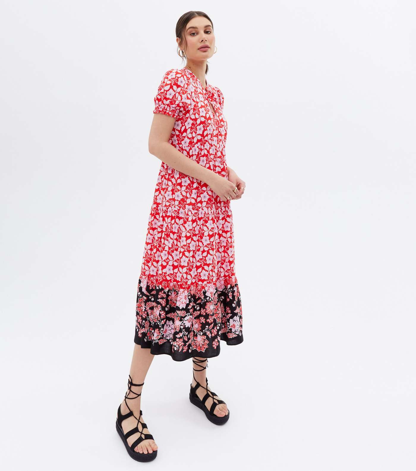 Red Floral Tie Neck Tiered Midi Smock Dress Image 2
