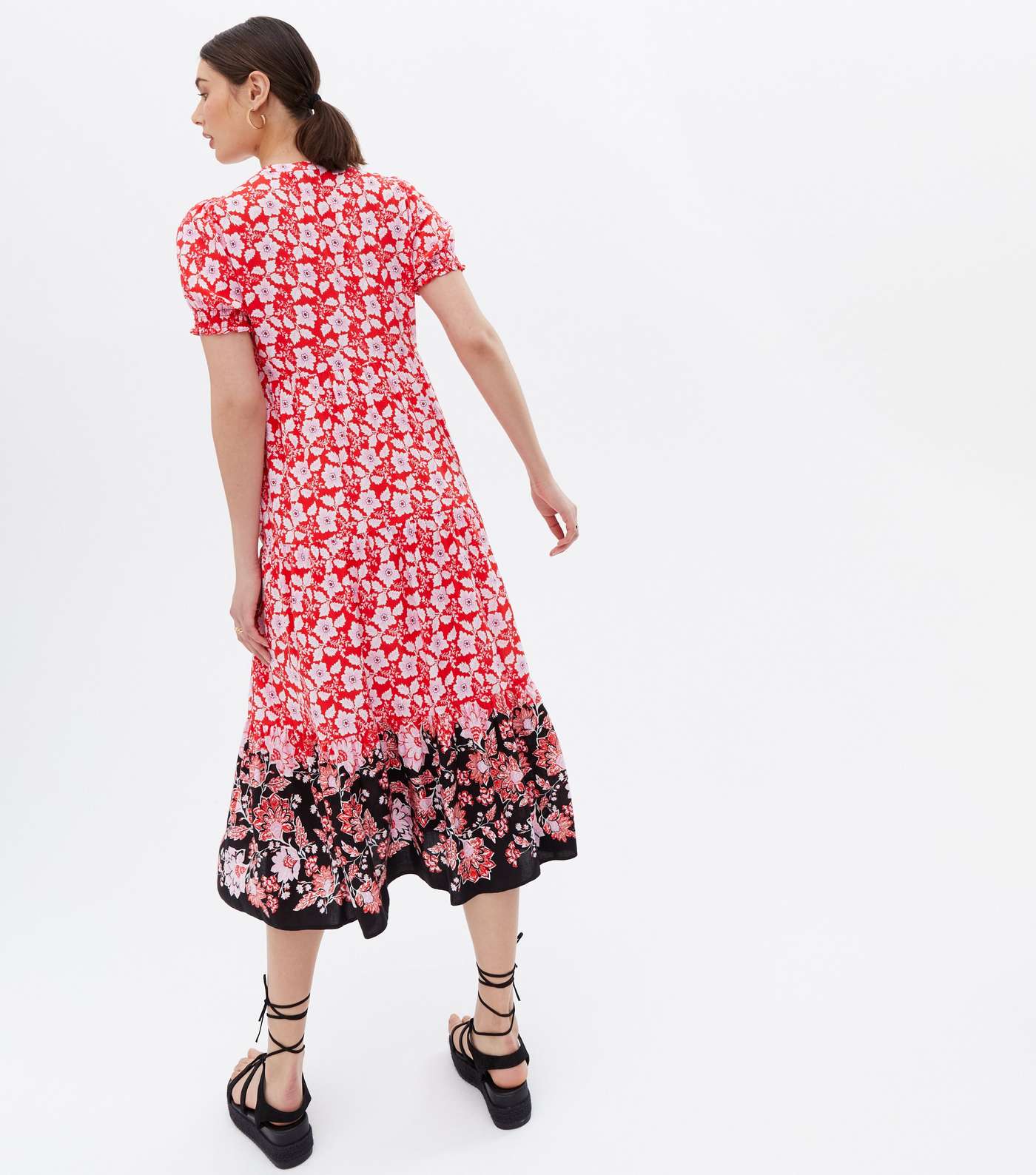 Red Floral Tie Neck Tiered Midi Smock Dress Image 4