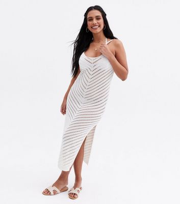 Off White Crochet Split Hem Midi Beach Dress New Look