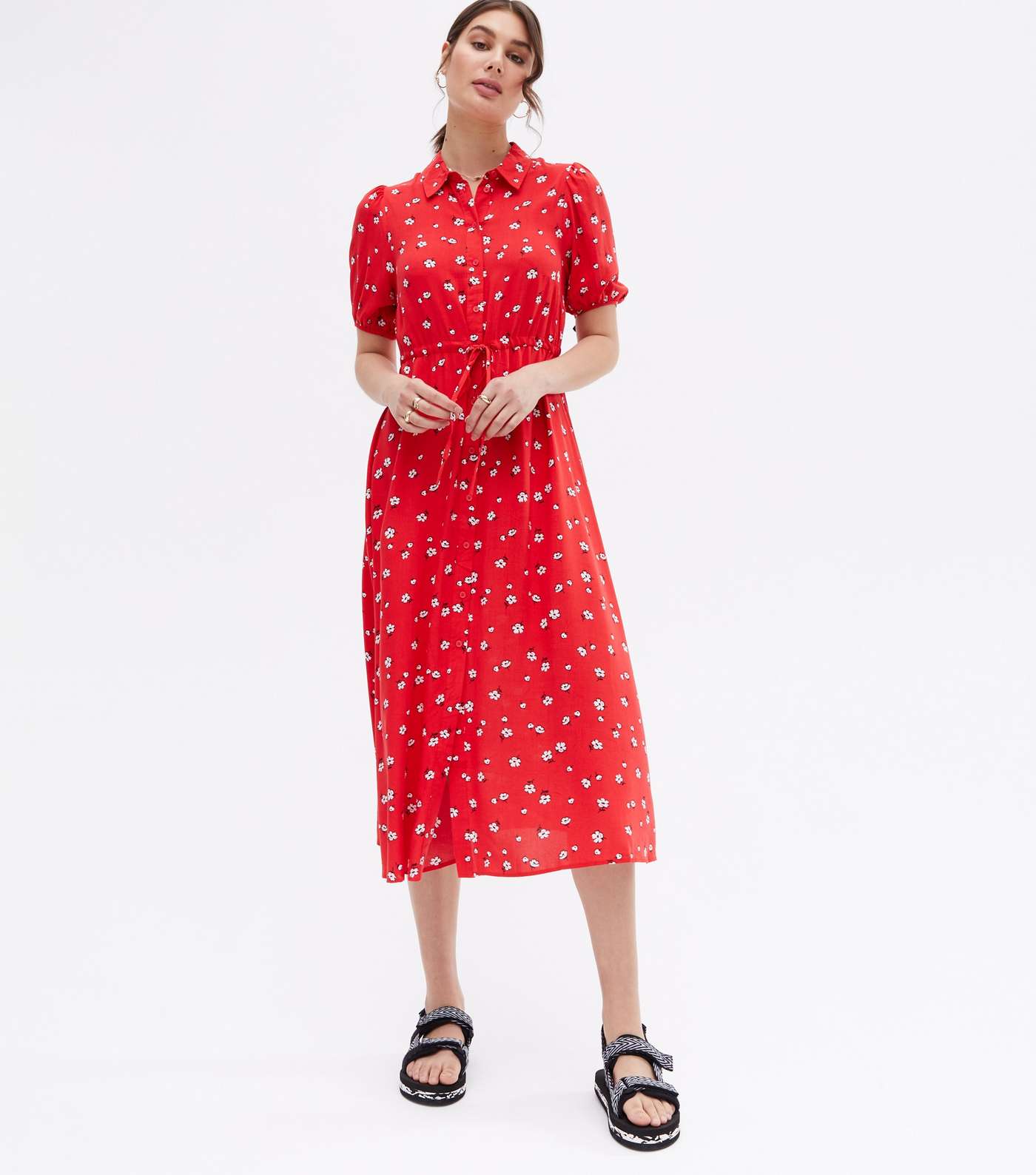 Red Ditsy Floral Tie Waist Midi Shirt Dress Image 2